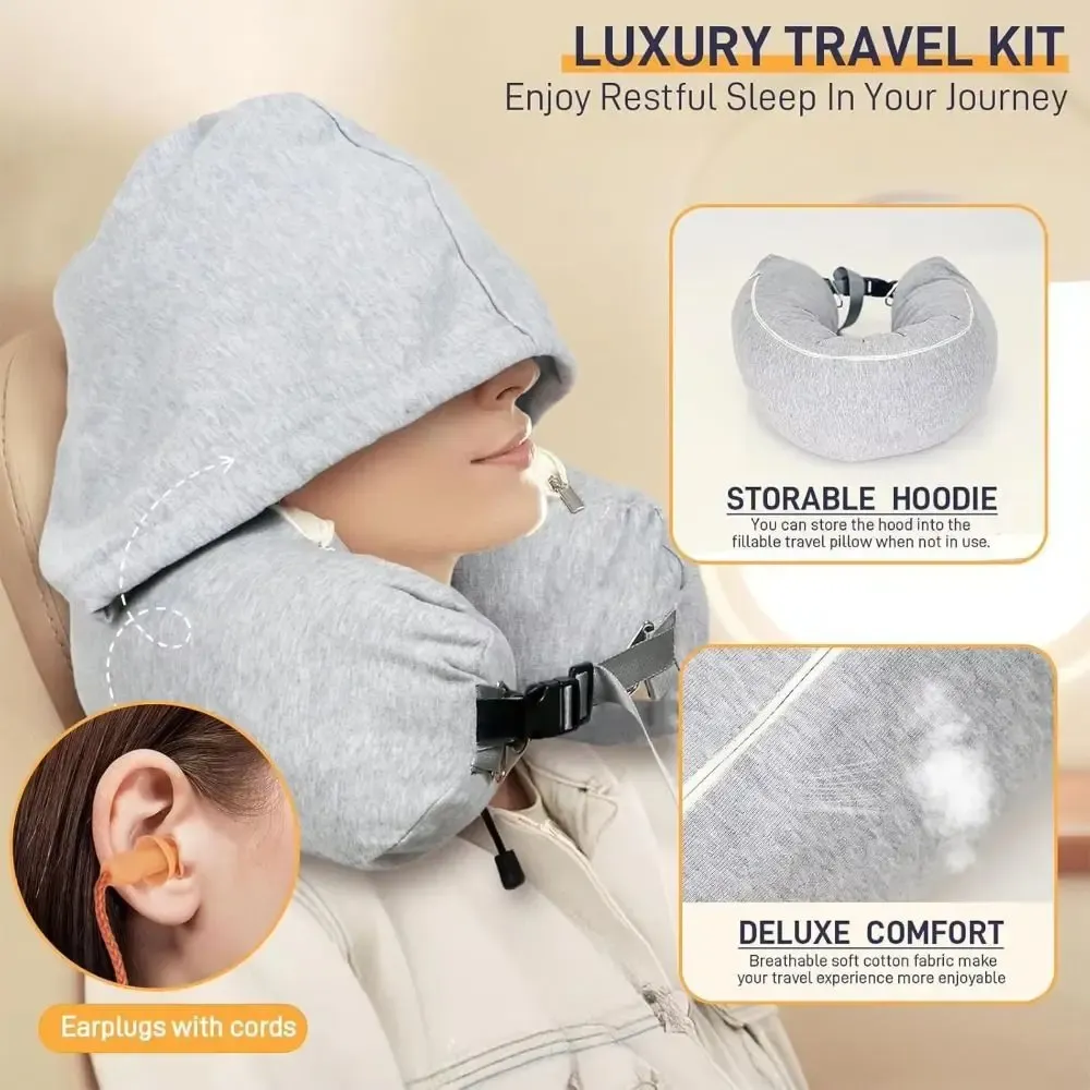 Oreiller de voyage gonflable à capuche avec support cervical réglable et pochette de rangement 4
