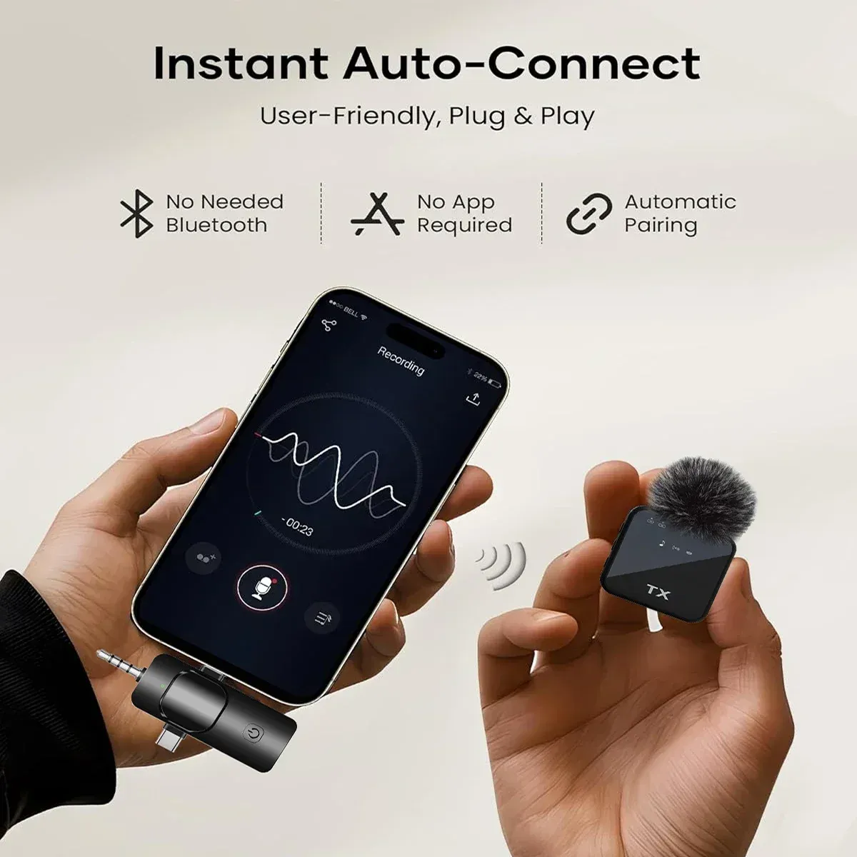 Microphone 3 en 1 pour iPhone/Android, sans fil, portée de 100 m, mini microphone pour l'enregistrement d'interviews 3