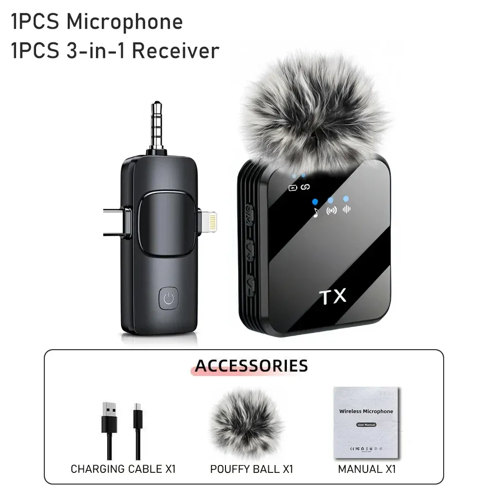 Microphone 3 en 1 pour iPhone/Android, sans fil, portée de 100 m, mini microphone pour l'enregistrement d'interviews 7