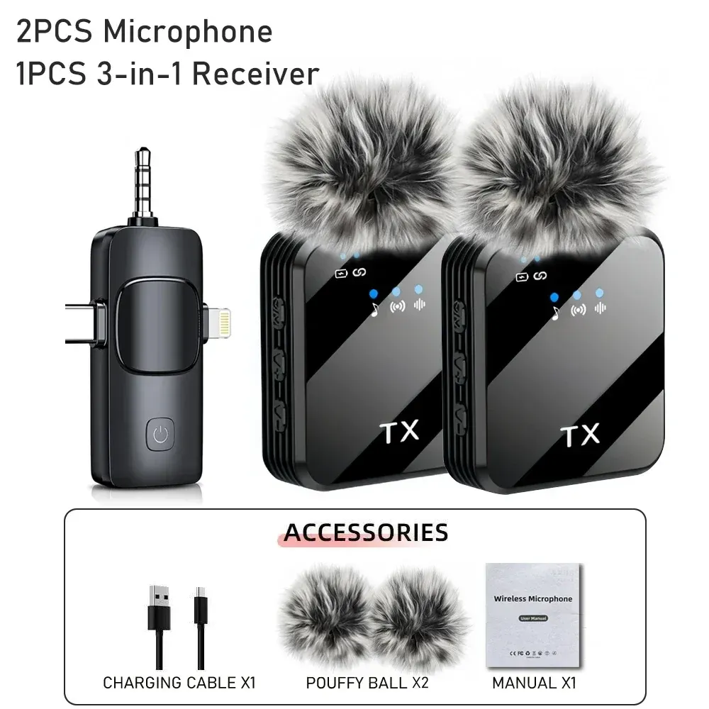 Microphone 3 en 1 pour iPhone/Android, sans fil, portée de 100 m, mini microphone pour l'enregistrement d'interviews 8