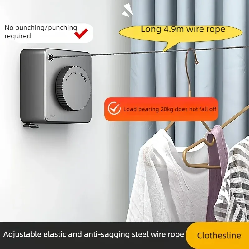 Corde à linge rétractable intérieure et extérieure à rangement dissimulé, installation avec ou sans perçage, compacte 1