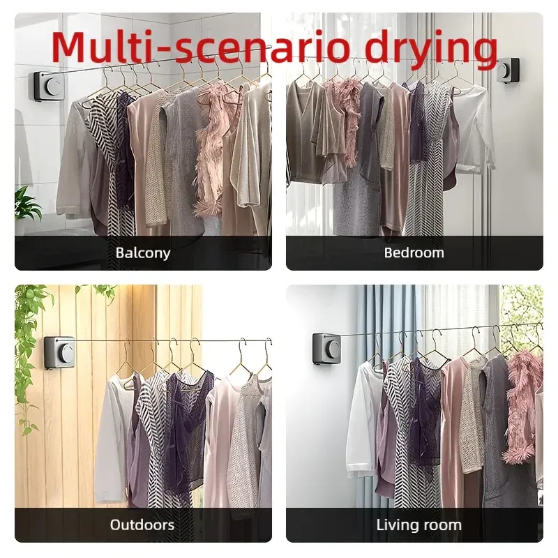 Corde à linge rétractable intérieure et extérieure à rangement dissimulé, installation avec ou sans perçage, compacte 6