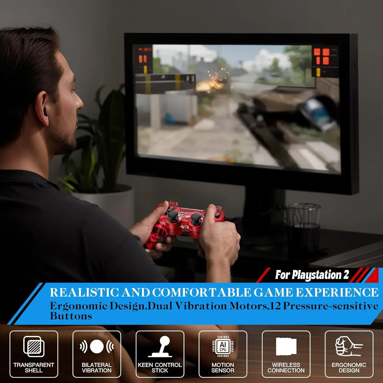 Manette de jeu sans fil pour PS2, contrôleur USB pour console PlayStation 2, joystick à double vibration, antichoc 5
