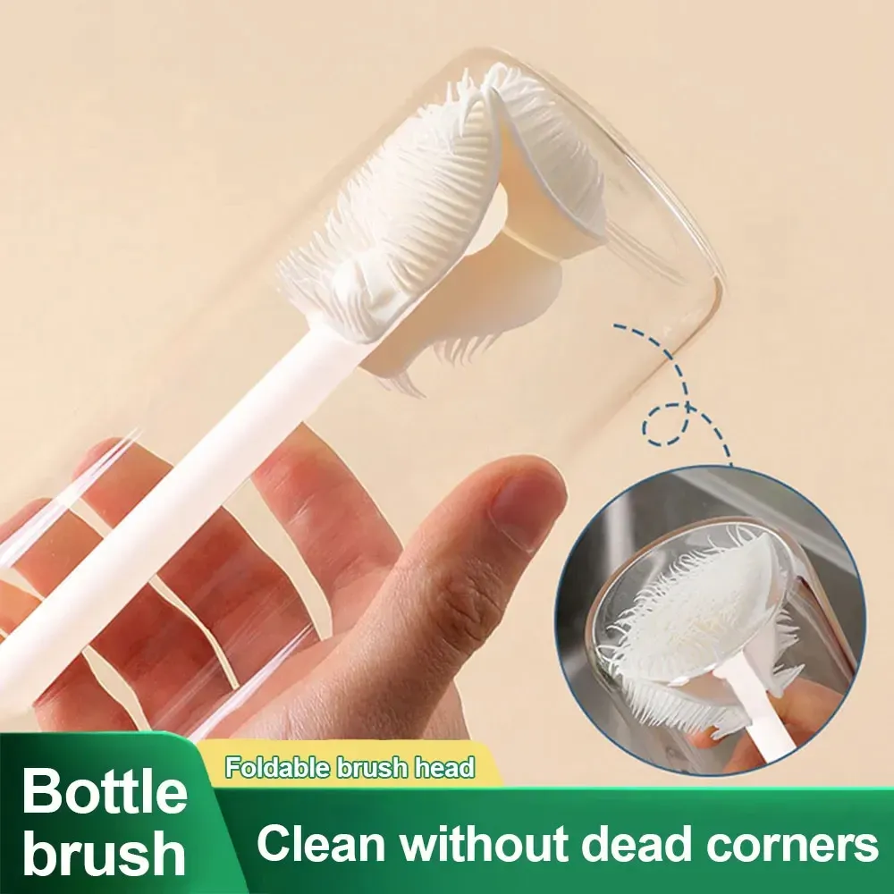 Brosse à tasse pliable en silicone à long manche, blanche, pour verres et bouteilles - Image 1