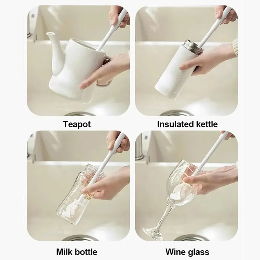 Brosse à tasse pliable en silicone à long manche, blanche, pour verres et bouteilles 4