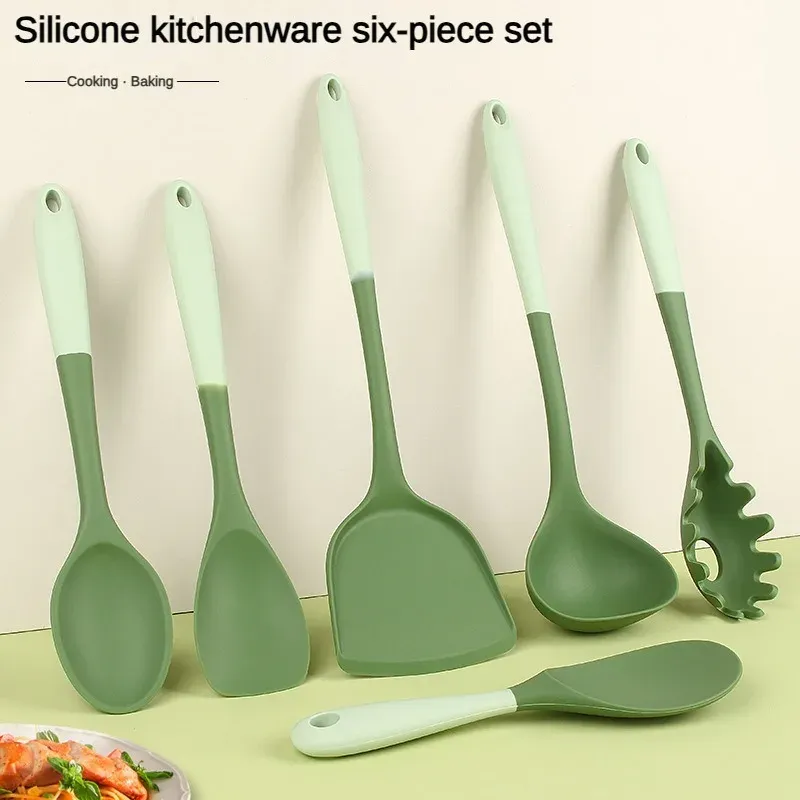 Ensemble d'ustensiles de cuisine en silicone 6 pièces : spatule chinoise, louche à soupe, spatule fendue, cuillère à pâtes, grattoir à salade et grattoir à miel, pour poêles antiadhésives - Image 1