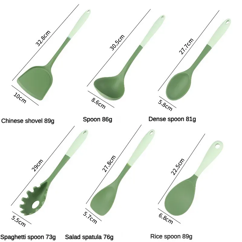 Ensemble d'ustensiles de cuisine en silicone 6 pièces : spatule chinoise, louche à soupe, spatule fendue, cuillère à pâtes, grattoir à salade et grattoir à miel, pour poêles antiadhésives 2