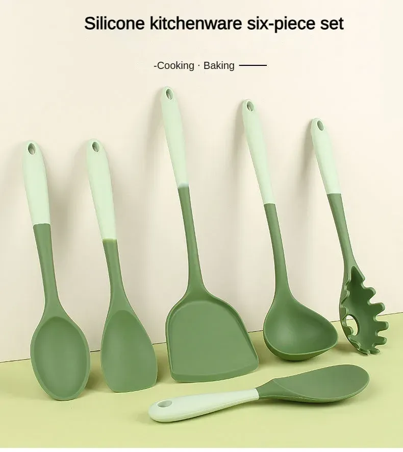 Ensemble d'ustensiles de cuisine en silicone 6 pièces présenté dans son intégralité