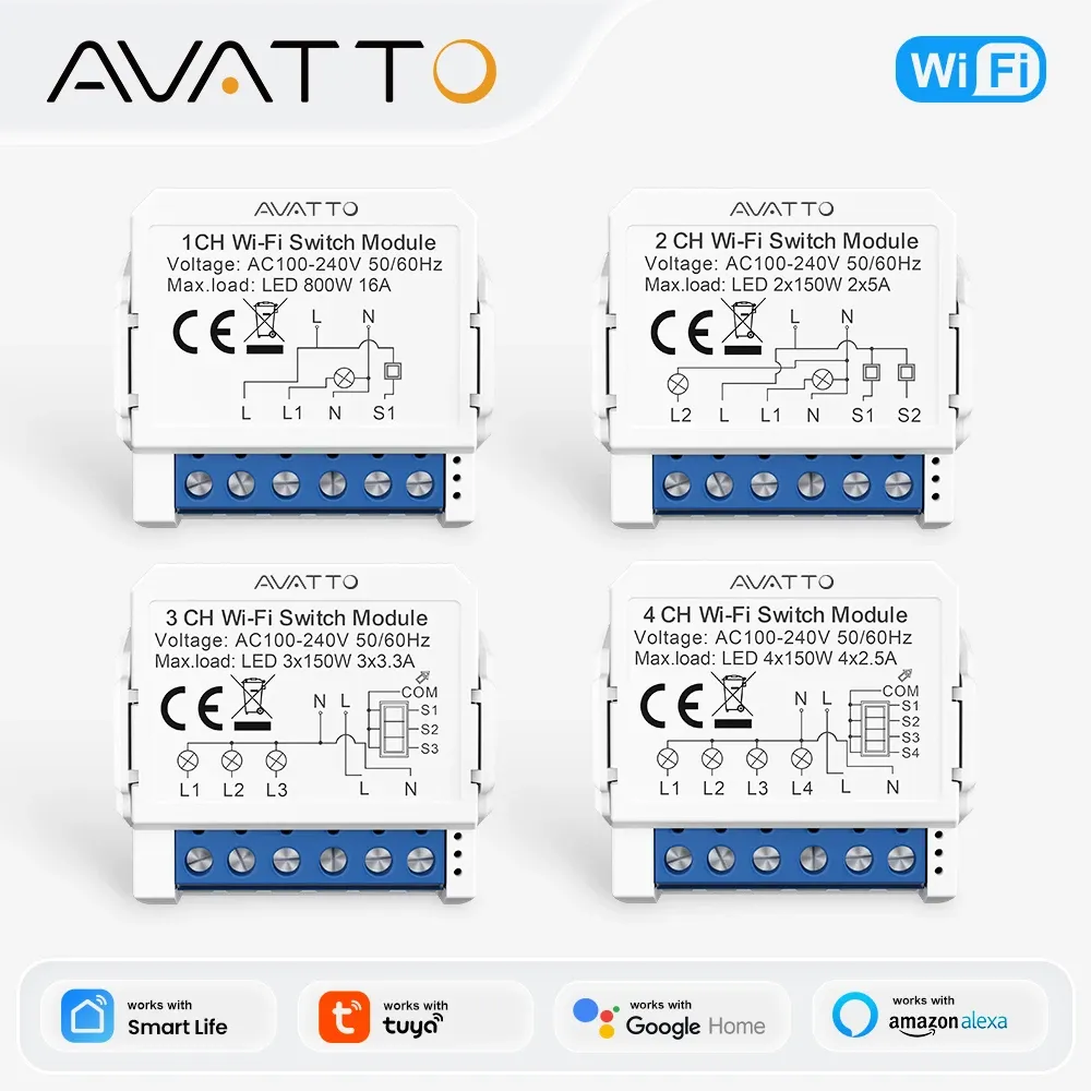 Module d'interrupteur intelligent WiFi AVATTO 1, 2, 3 ou 4 voies avec fil neutre, compatible Tuya, Alexa et Google Home - Image 1