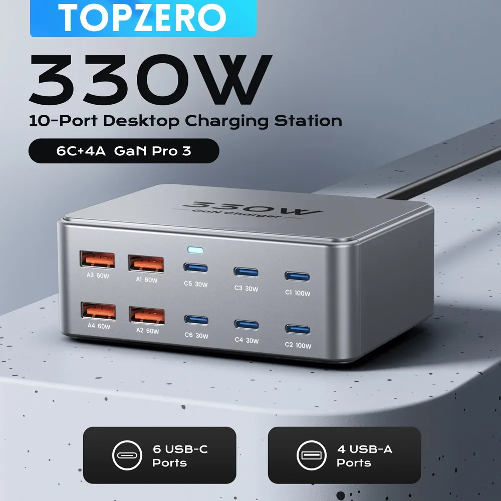 Chargeur USB-C GaN 330 W, 100 W PD 3.0 PPS, QC 3.0, station de charge rapide multiport pour ordinateur portable, iPhone 15/16, Samsung, MacBook Pro et tablette