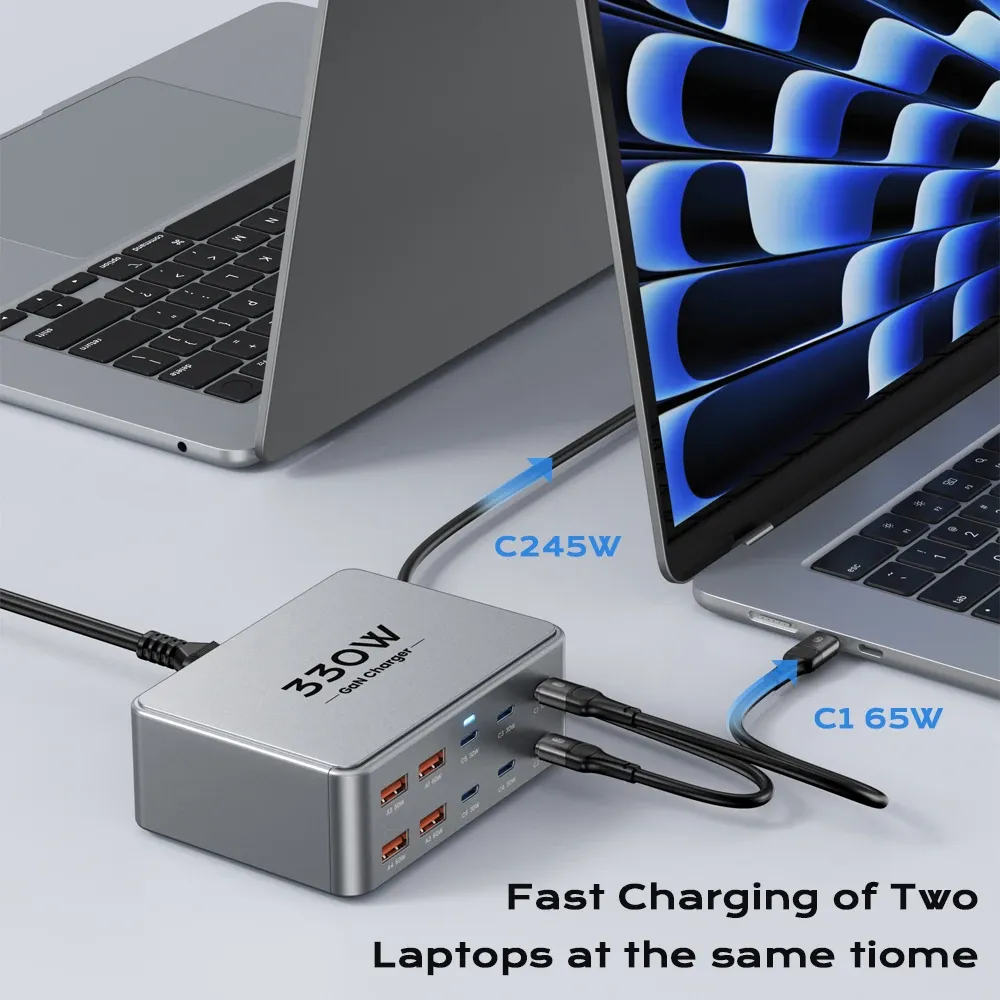 Chargeur USB-C GaN 330 W, 100 W PD 3.0 PPS, QC 3.0, station de charge rapide multiport pour ordinateur portable, iPhone 15/16, Samsung, MacBook Pro et tablette 3