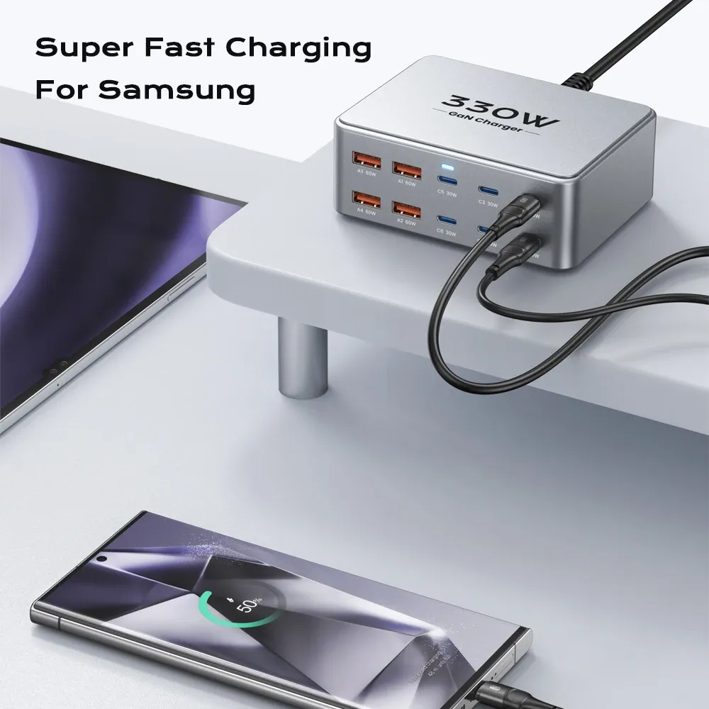 Chargeur USB-C GaN 330 W, 100 W PD 3.0 PPS, QC 3.0, station de charge rapide multiport pour ordinateur portable, iPhone 15/16, Samsung, MacBook Pro et tablette 4