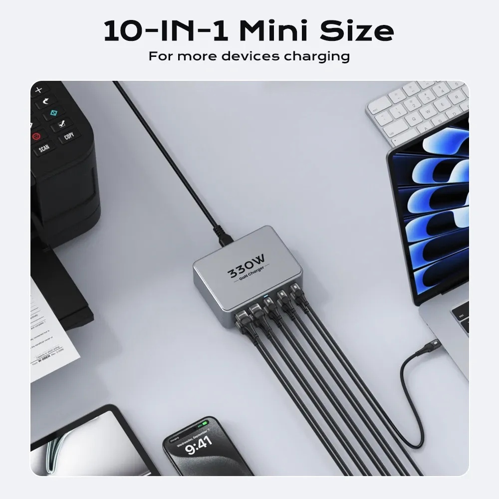 Chargeur USB-C GaN 330 W, 100 W PD 3.0 PPS, QC 3.0, station de charge rapide multiport pour ordinateur portable, iPhone 15/16, Samsung, MacBook Pro et tablette 5