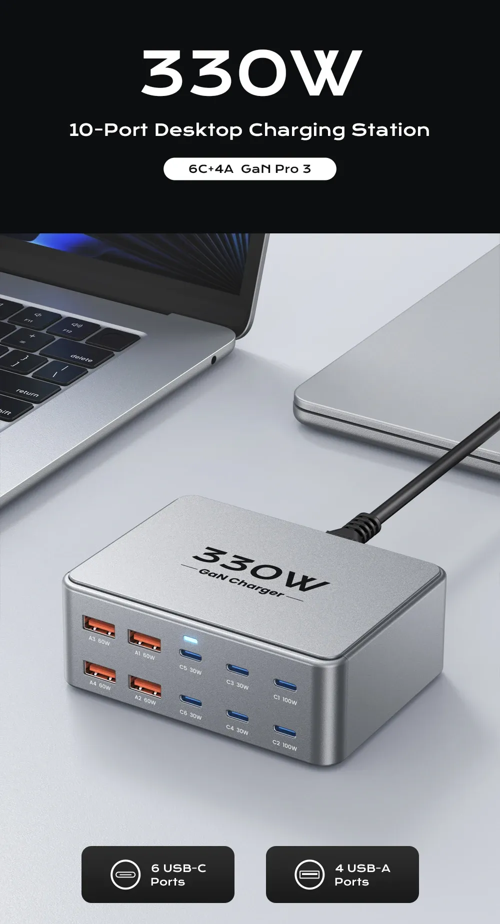 Vue détaillée du chargeur USB-C GaN multiport