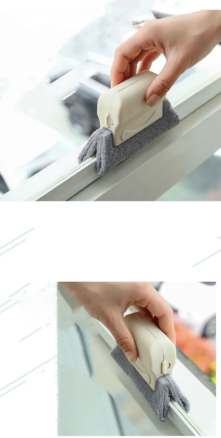 Brosse de nettoyage de rainure en utilisation sur une fenêtre