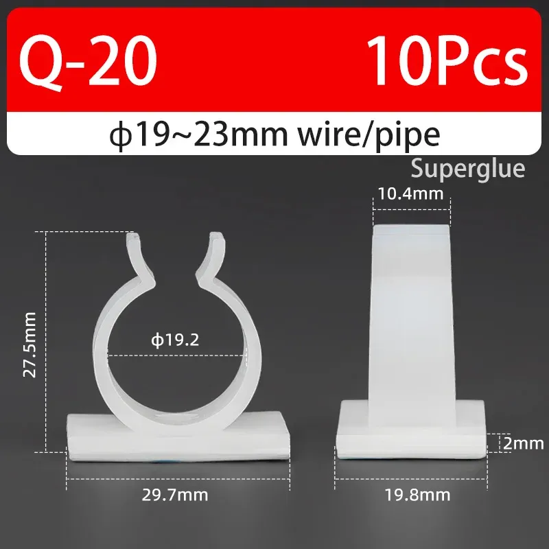 Support de câble type Q auto-adhésif, colle forte, en nylon PA66, pour rangement de câbles et fixation de tuyaux d'eau, sans perçage 20