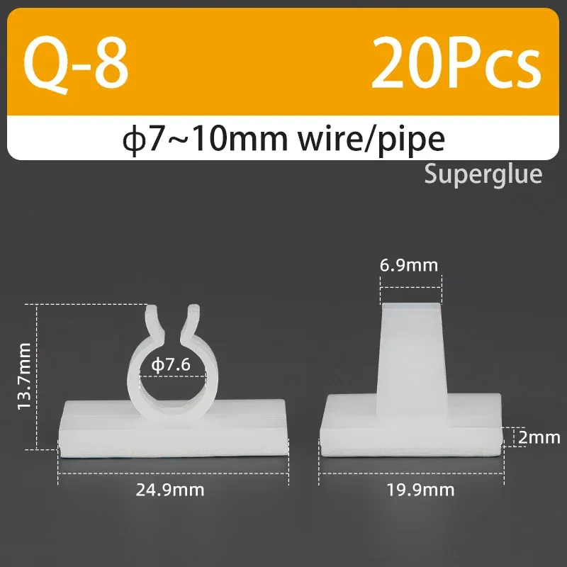 Support de câble type Q auto-adhésif, colle forte, en nylon PA66, pour rangement de câbles et fixation de tuyaux d'eau, sans perçage 22