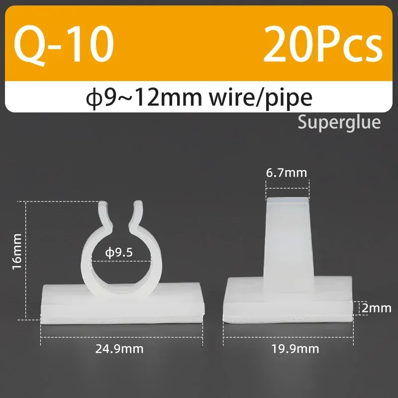 Support de câble type Q auto-adhésif, colle forte, en nylon PA66, pour rangement de câbles et fixation de tuyaux d'eau, sans perçage 16