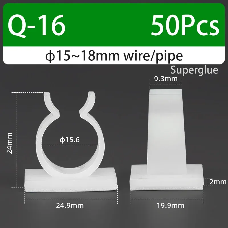 Support de câble type Q auto-adhésif, colle forte, en nylon PA66, pour rangement de câbles et fixation de tuyaux d'eau, sans perçage 23