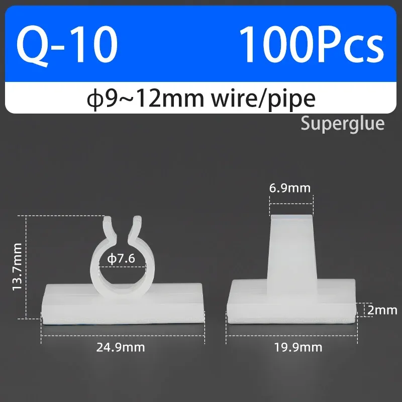 Support de câble type Q auto-adhésif, colle forte, en nylon PA66, pour rangement de câbles et fixation de tuyaux d'eau, sans perçage 28