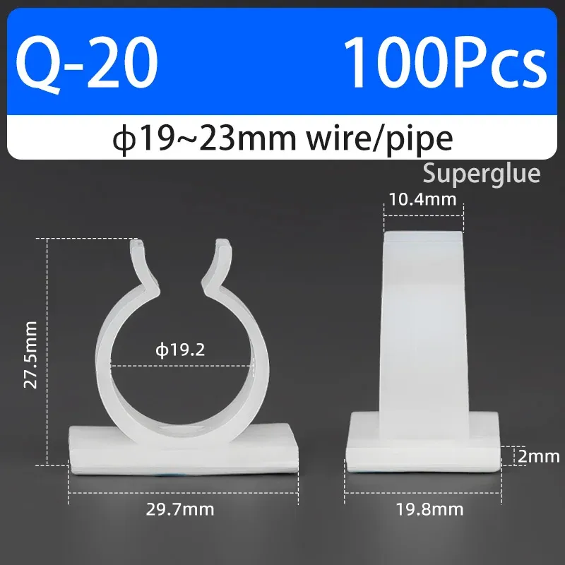 Support de câble type Q auto-adhésif, colle forte, en nylon PA66, pour rangement de câbles et fixation de tuyaux d'eau, sans perçage 24