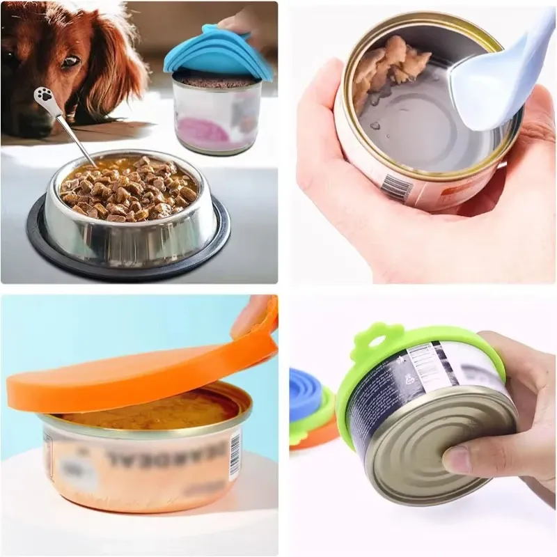 Couvercle en silicone réutilisable pour nourriture pour animaux avec cuillère intégrée, portable, avec bouchon et joint, pour chiens et chats 2