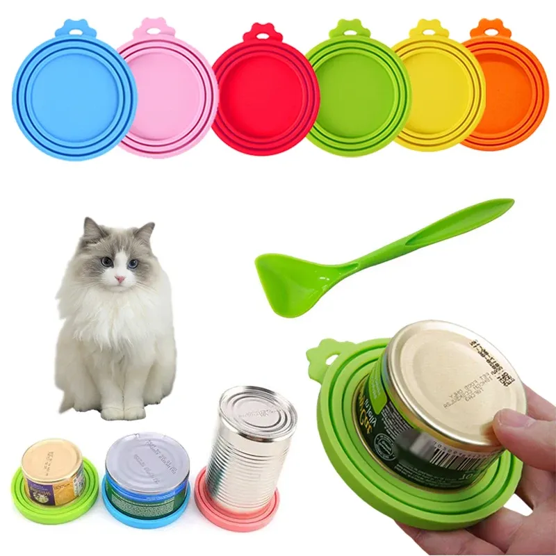 Couvercle en silicone réutilisable pour nourriture pour animaux avec cuillère intégrée, portable, avec bouchon et joint, pour chiens et chats - Image 1