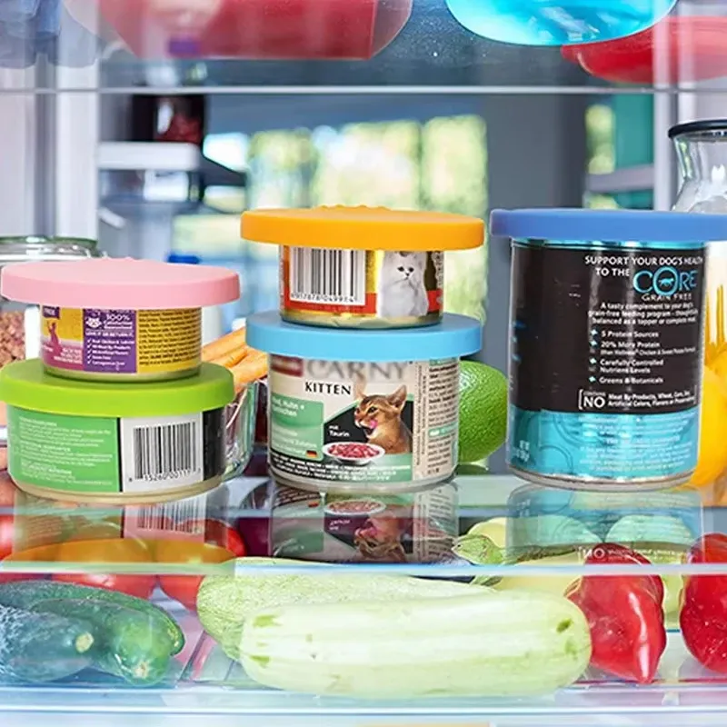 Couvercle en silicone réutilisable pour nourriture pour animaux avec cuillère intégrée, portable, avec bouchon et joint, pour chiens et chats 6