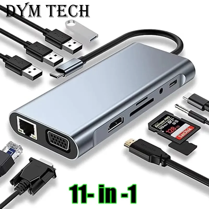 Hub USB-C avec lecteur de cartes 4K HDMI, VGA, USB-C PD, RJ45, SD et TF pour MacBook Pro/Air M1 et iPad