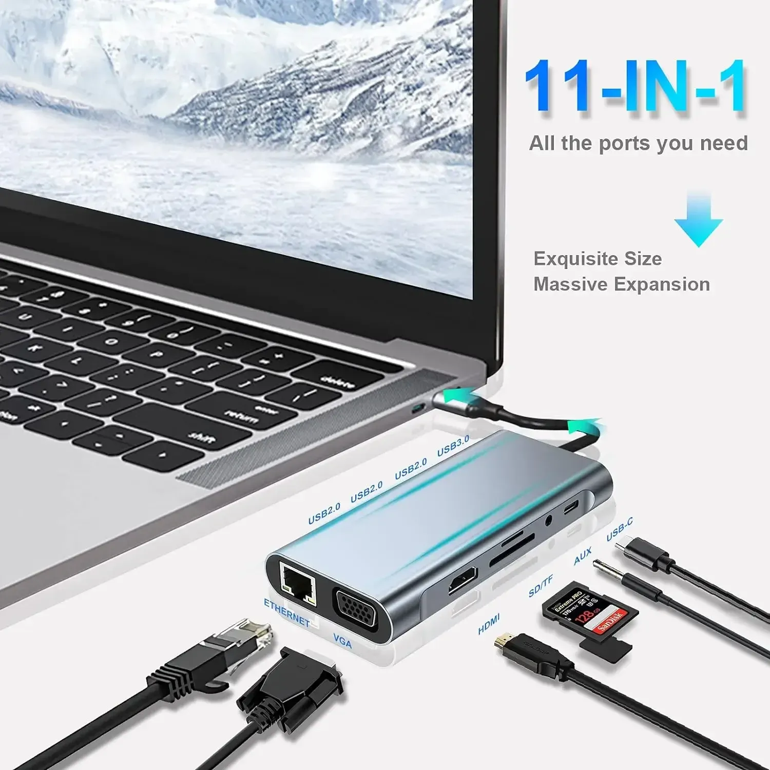 Hub USB-C avec lecteur de cartes 4K HDMI, VGA, USB-C PD, RJ45, SD et TF pour MacBook Pro/Air M1 et iPad 5