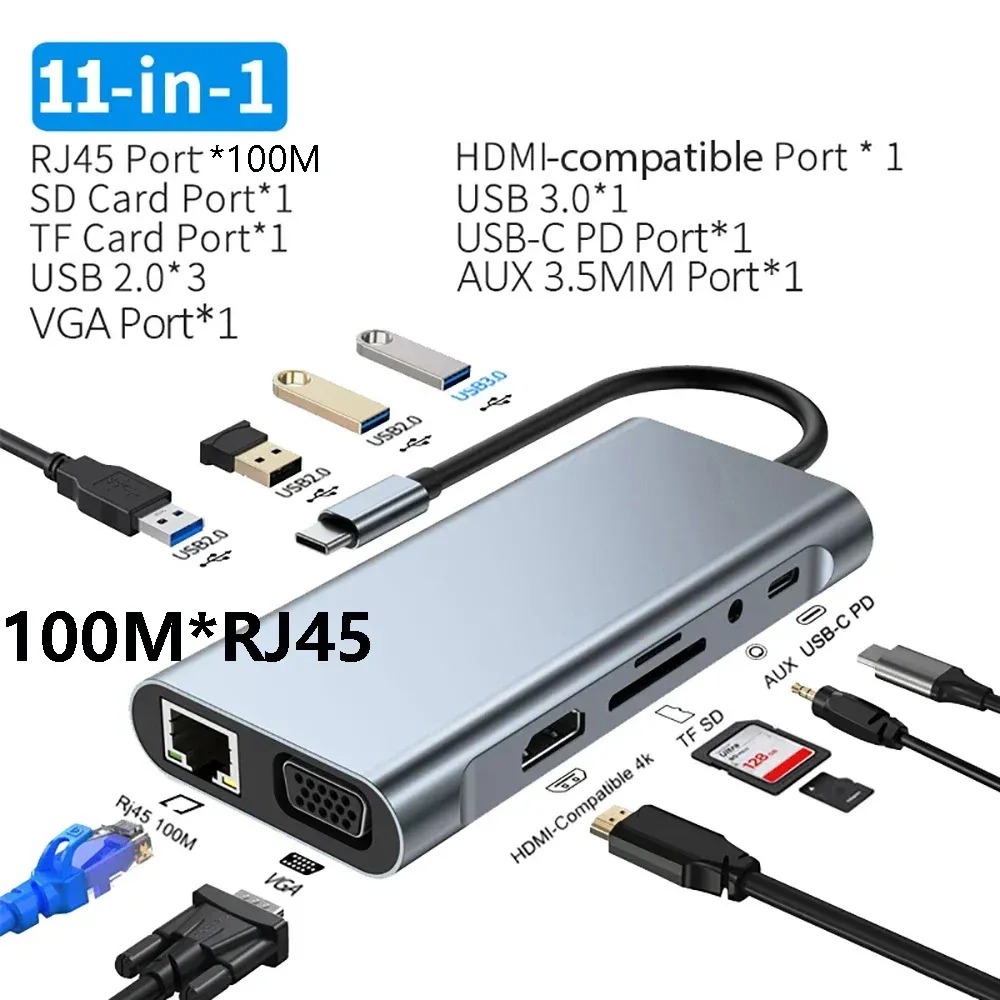 Hub USB-C avec lecteur de cartes 4K HDMI, VGA, USB-C PD, RJ45, SD et TF pour MacBook Pro/Air M1 et iPad 7