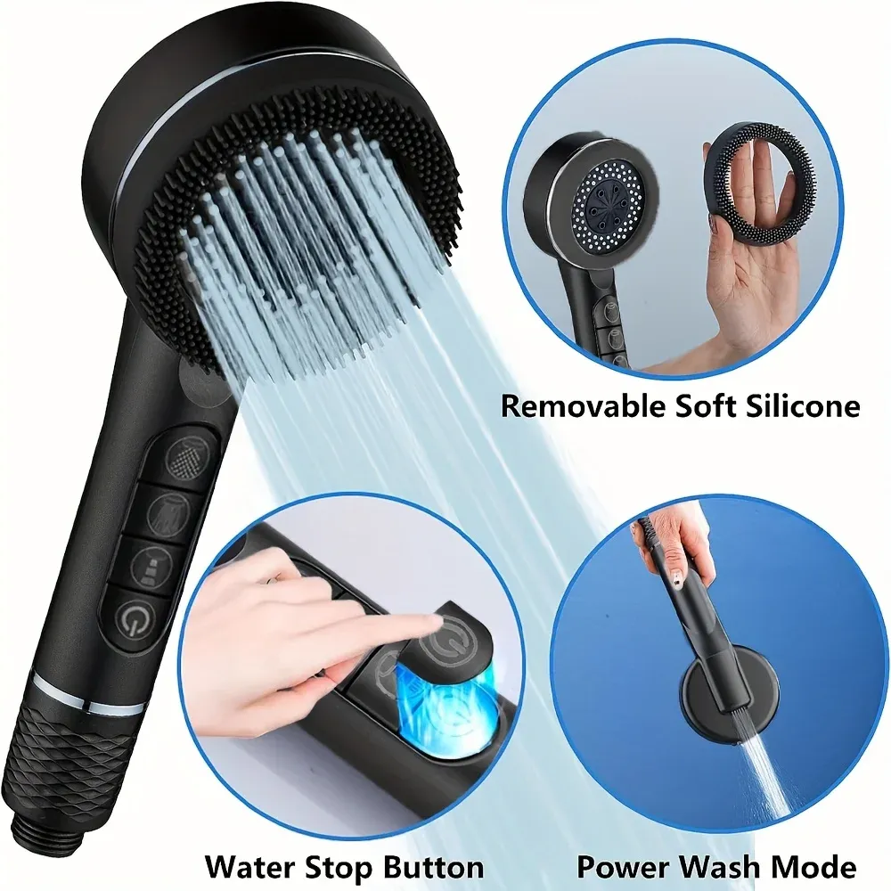 Pommeau de douche autonettoyant 4 modes avec brosse en silicone, arrêt une touche et filtre haute pression en ABS 2