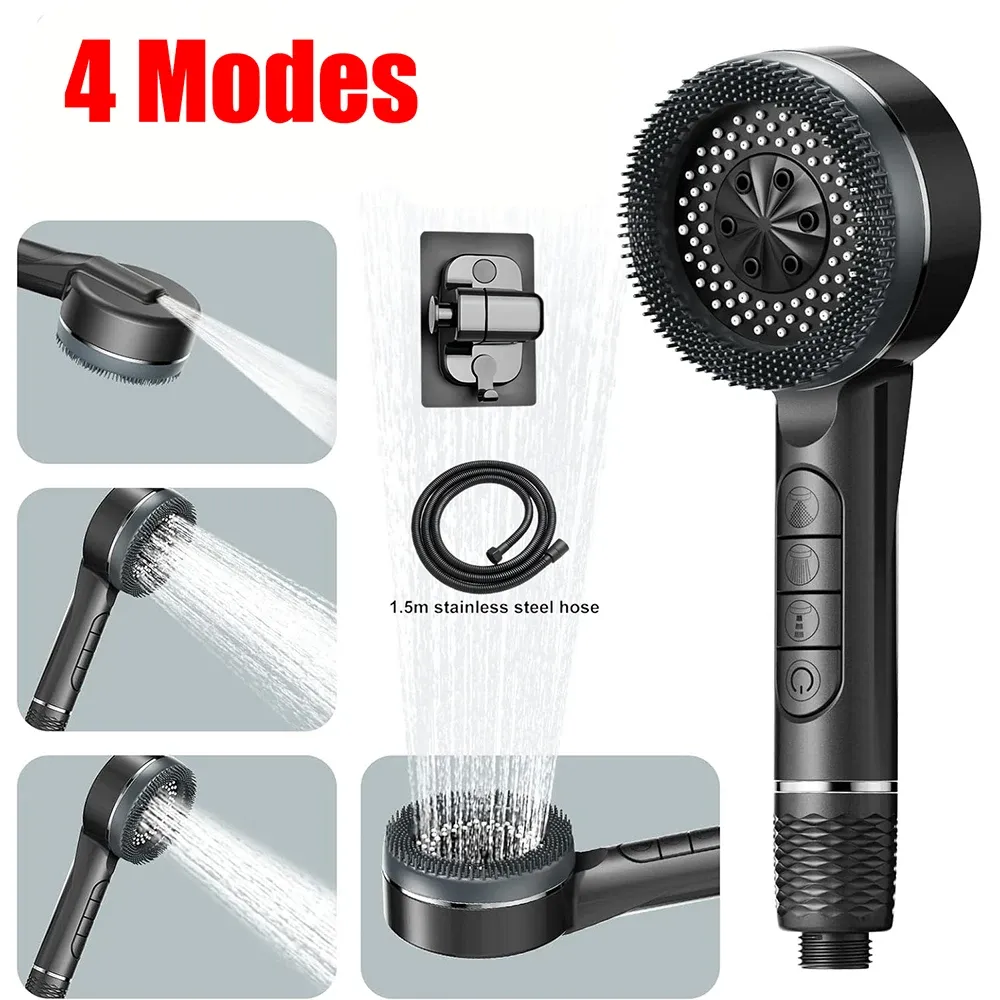Pommeau de douche autonettoyant 4 modes avec brosse en silicone, arrêt une touche et filtre haute pression en ABS