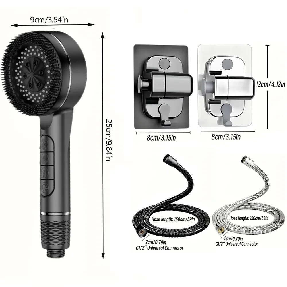 Pommeau de douche autonettoyant 4 modes avec brosse en silicone, arrêt une touche et filtre haute pression en ABS 6