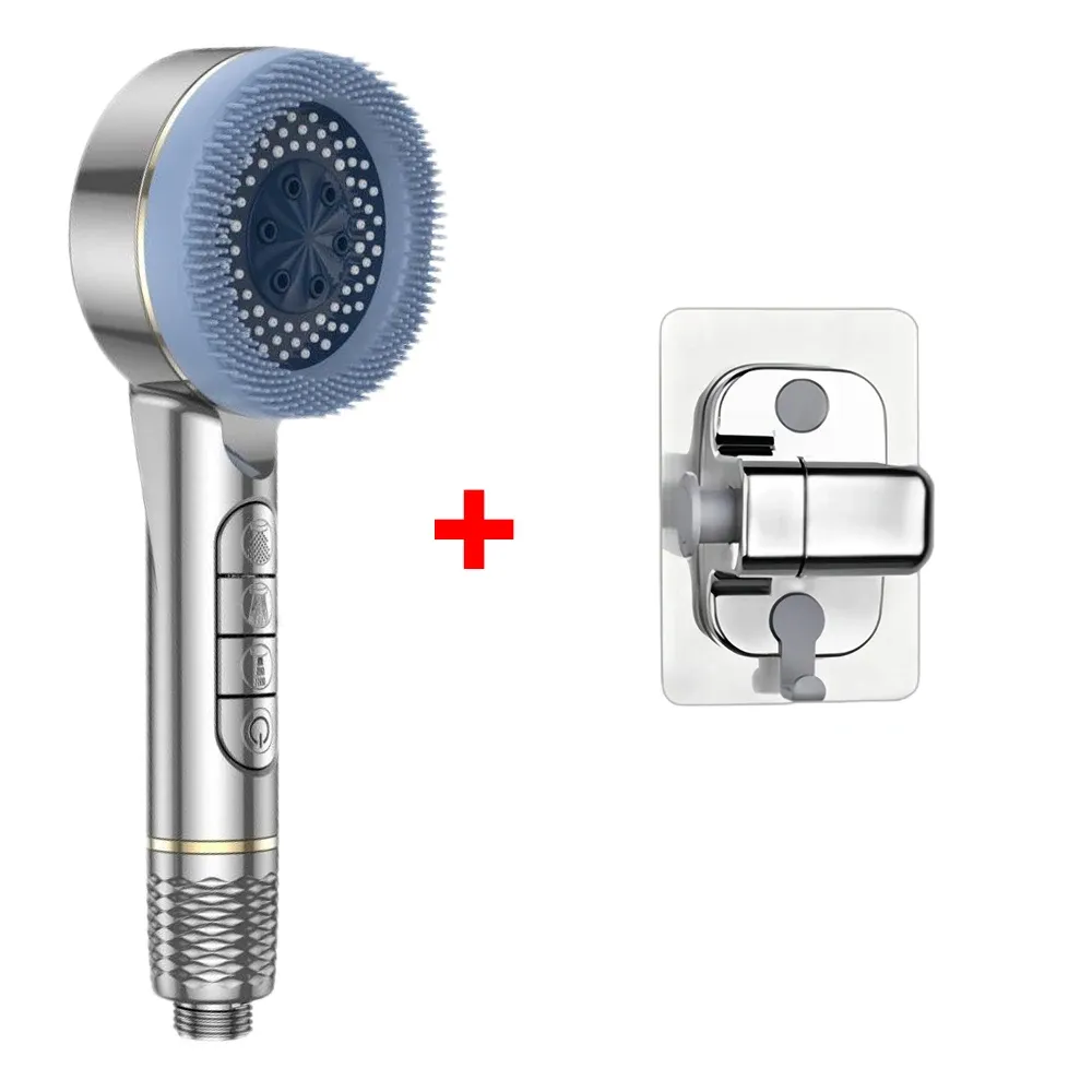 Pommeau de douche autonettoyant 4 modes avec brosse en silicone, arrêt une touche et filtre haute pression en ABS 19