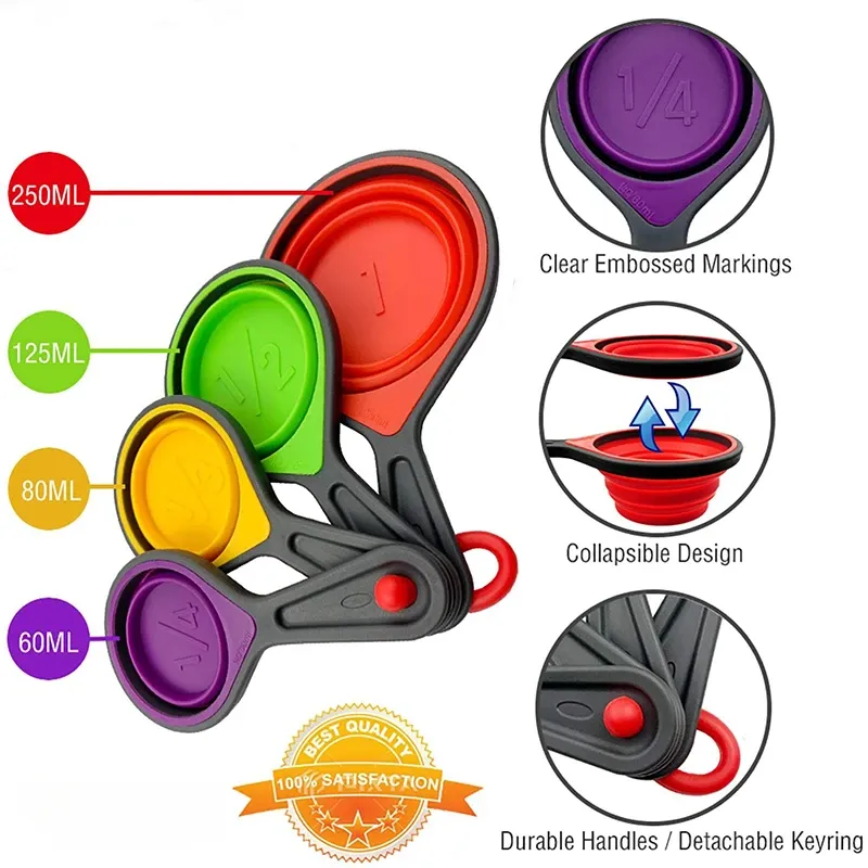 Tasse à mesurer en silicone et cuillères doseuses pliables, lot de 4 ou 8 pièces pour café, farine, miel et sucre 2