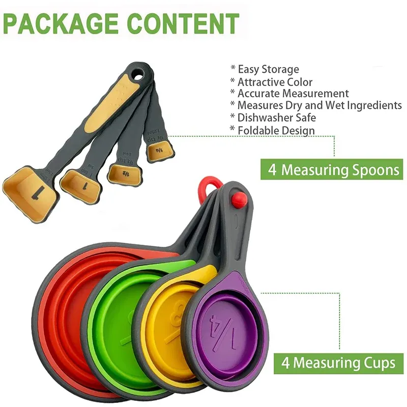 Tasse à mesurer en silicone et cuillères doseuses pliables, lot de 4 ou 8 pièces pour café, farine, miel et sucre 5