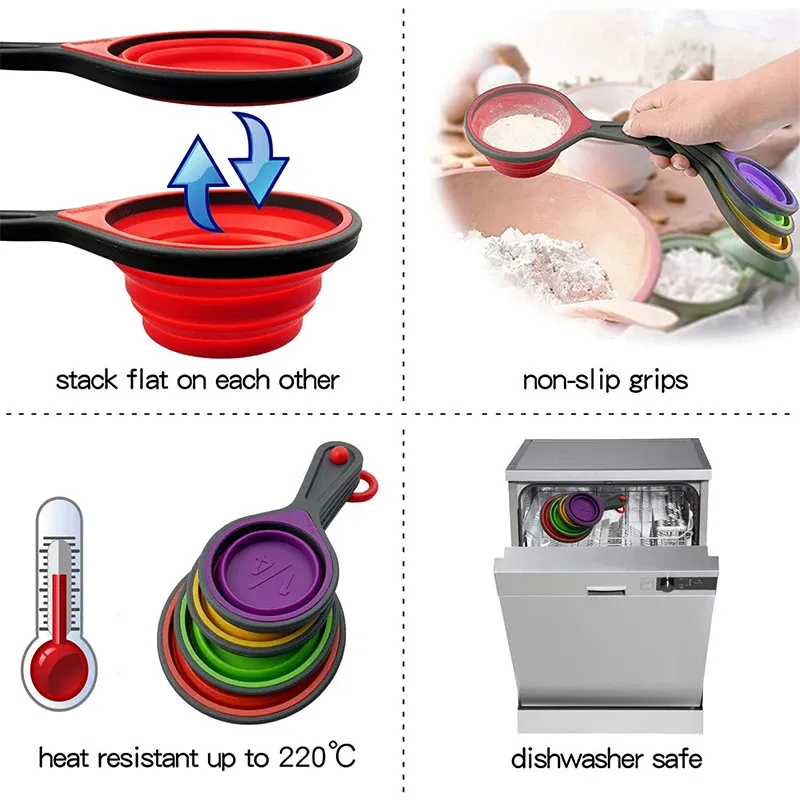 Tasse à mesurer en silicone et cuillères doseuses pliables, lot de 4 ou 8 pièces pour café, farine, miel et sucre 4