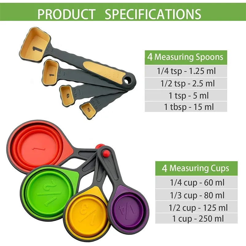 Tasse à mesurer en silicone et cuillères doseuses pliables, lot de 4 ou 8 pièces pour café, farine, miel et sucre 6