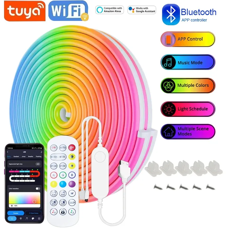 Bande LED néon USB RGB 1 m, 2 m, 3 m, 5 m, WiFi 5 V, compatible application Tuya / Smart Life et Alexa, éclairage décoratif pour gaming et maison 1