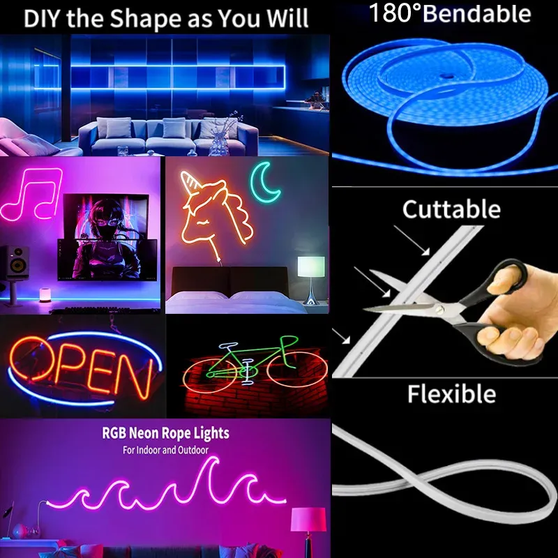 Bande LED néon USB RGB 1 m, 2 m, 3 m, 5 m, WiFi 5 V, compatible application Tuya / Smart Life et Alexa, éclairage décoratif pour gaming et maison 5