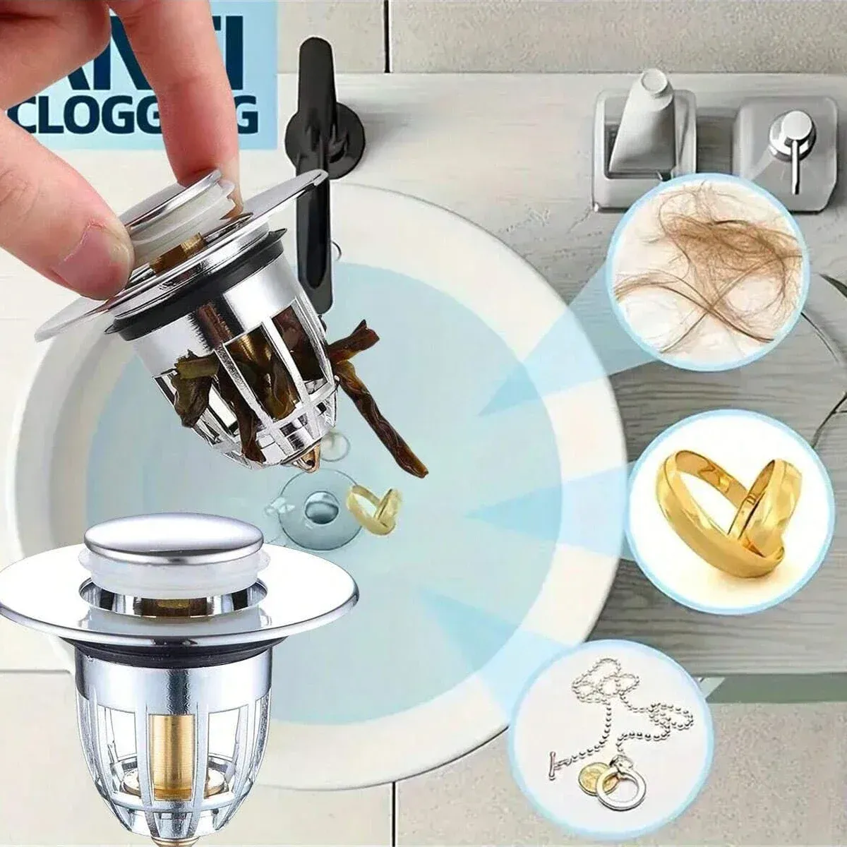 Bouchon de vidange à bascule universel chromé avec filtre à cheveux pour lavabo, lot de 1, 2 ou 5 2