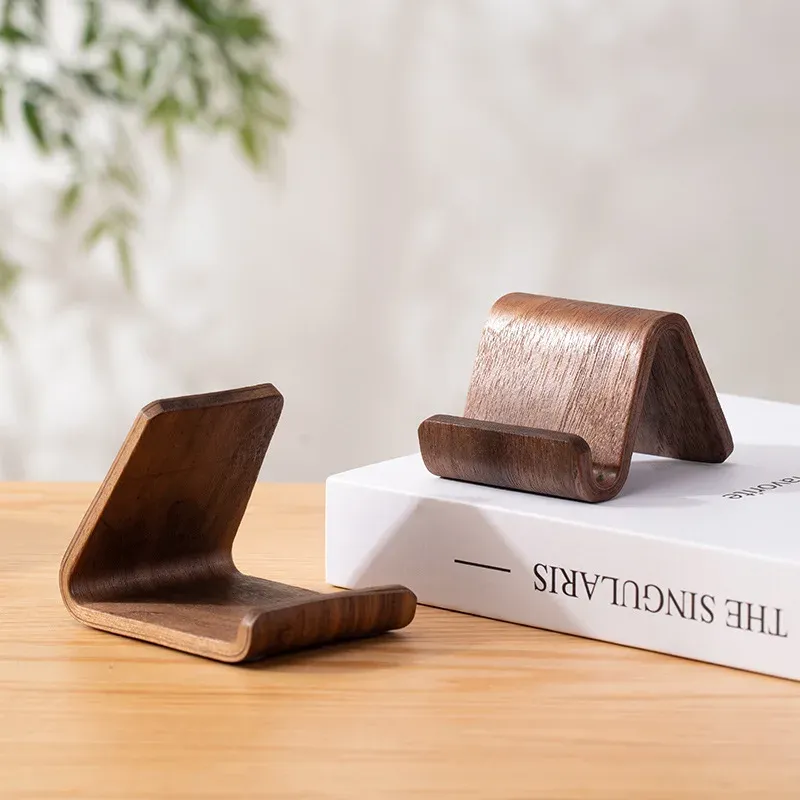 Support de téléphone en bois massif noir, design simple et créatif, avec présentoir de cartes de visite pour bureau et maison 2