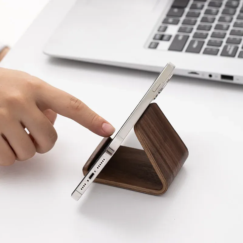 Support de téléphone en bois massif noir, design simple et créatif, avec présentoir de cartes de visite pour bureau et maison 6