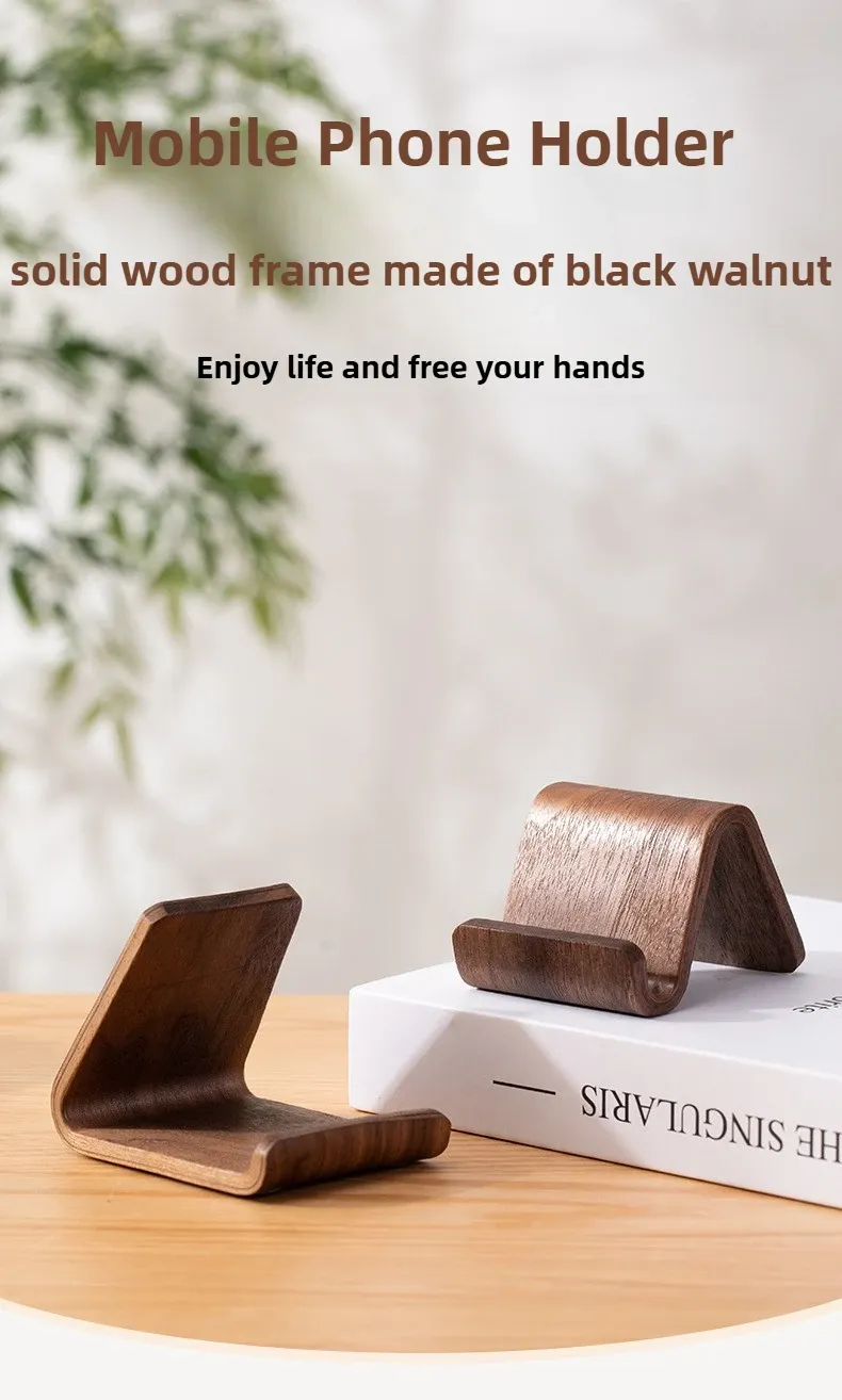 Support de téléphone en bois massif noyer noir, vue d'ensemble