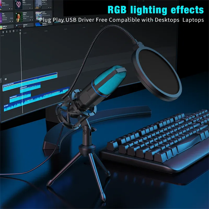 Microphone USB à condensateur RVB pour jeu, podcast et streaming, compatible ordinateur portable et de bureau 2
