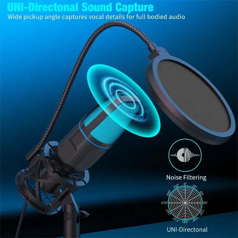 Microphone USB à condensateur RVB pour jeu, podcast et streaming, compatible ordinateur portable et de bureau 5