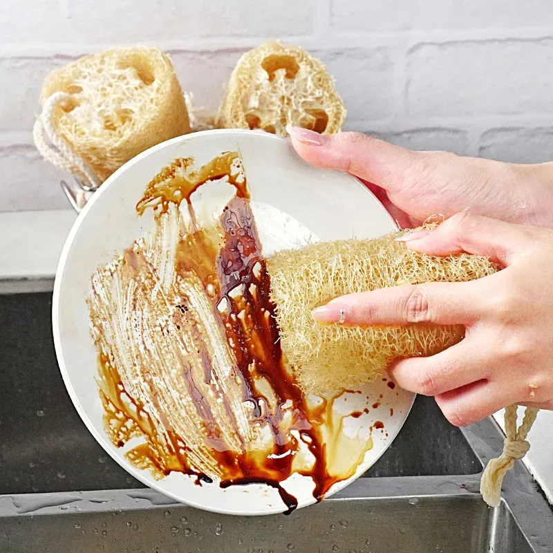 Éponge loofah naturelle (lot de 3), outil de nettoyage multi-usages pour la cuisine, éponge à vaisselle, longue éponge de douche exfoliante 4