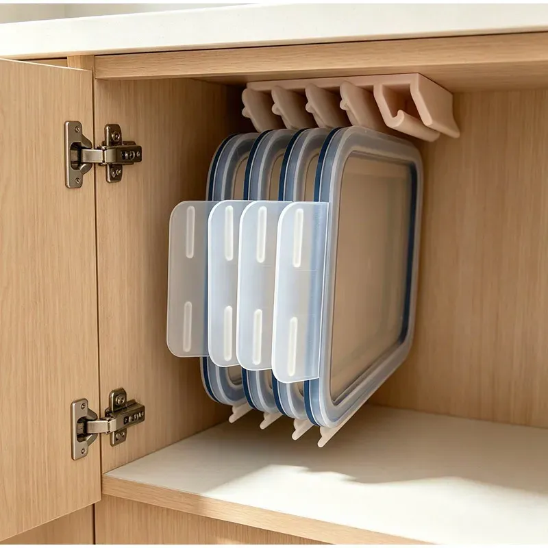 Support mural multi-emplacements robuste pour couvercles de contenants alimentaires, organisateur de rangement pour armoire de cuisine, support de fixation en plastique 5