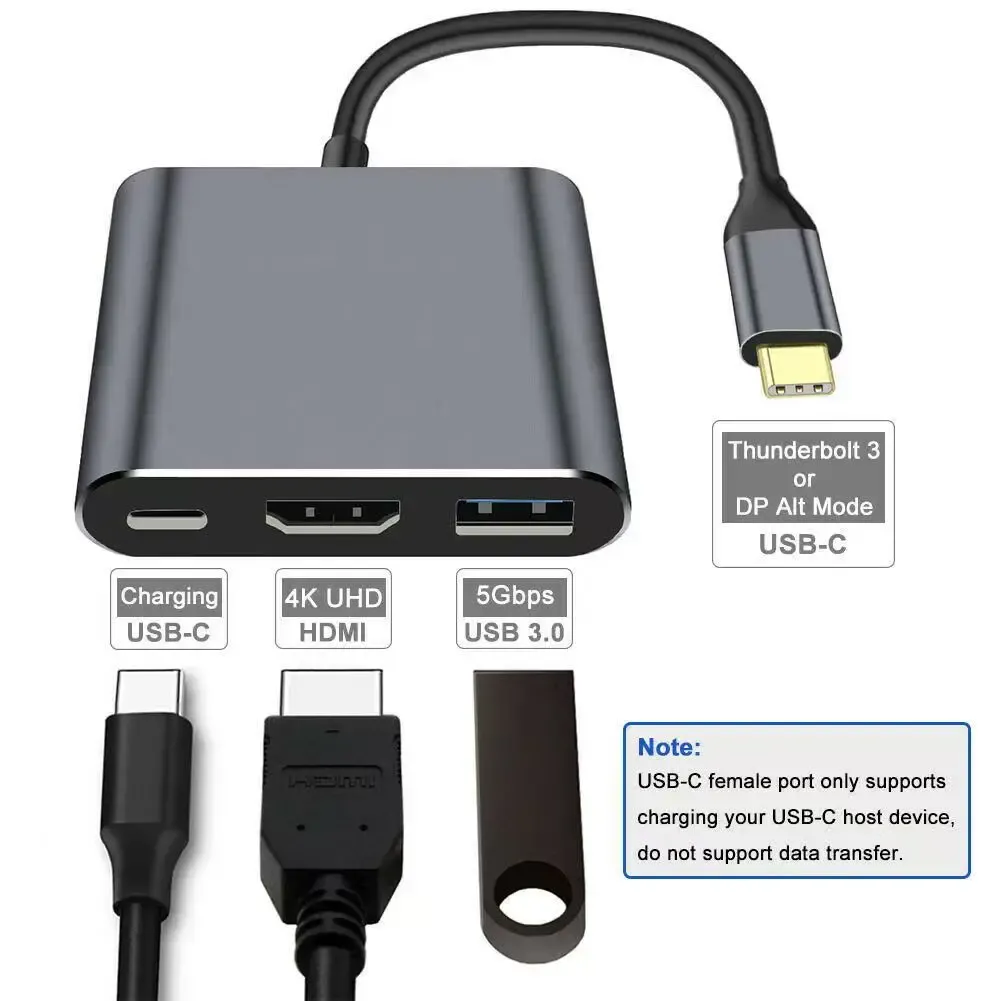 Hub USB-C 3 en 1 : Type-C 3 en 1 PD 100 W + HDMI (4K/30 Hz) + USB 3.0 1